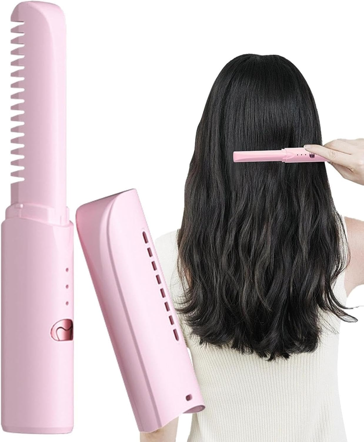 Mini Plancha De Pelo Recargable 2en1 Cepillo y Rizador Rosa