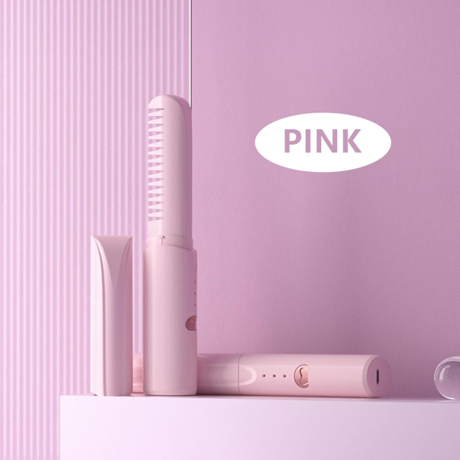 Mini Plancha De Pelo Recargable 2en1 Cepillo y Rizador Rosa