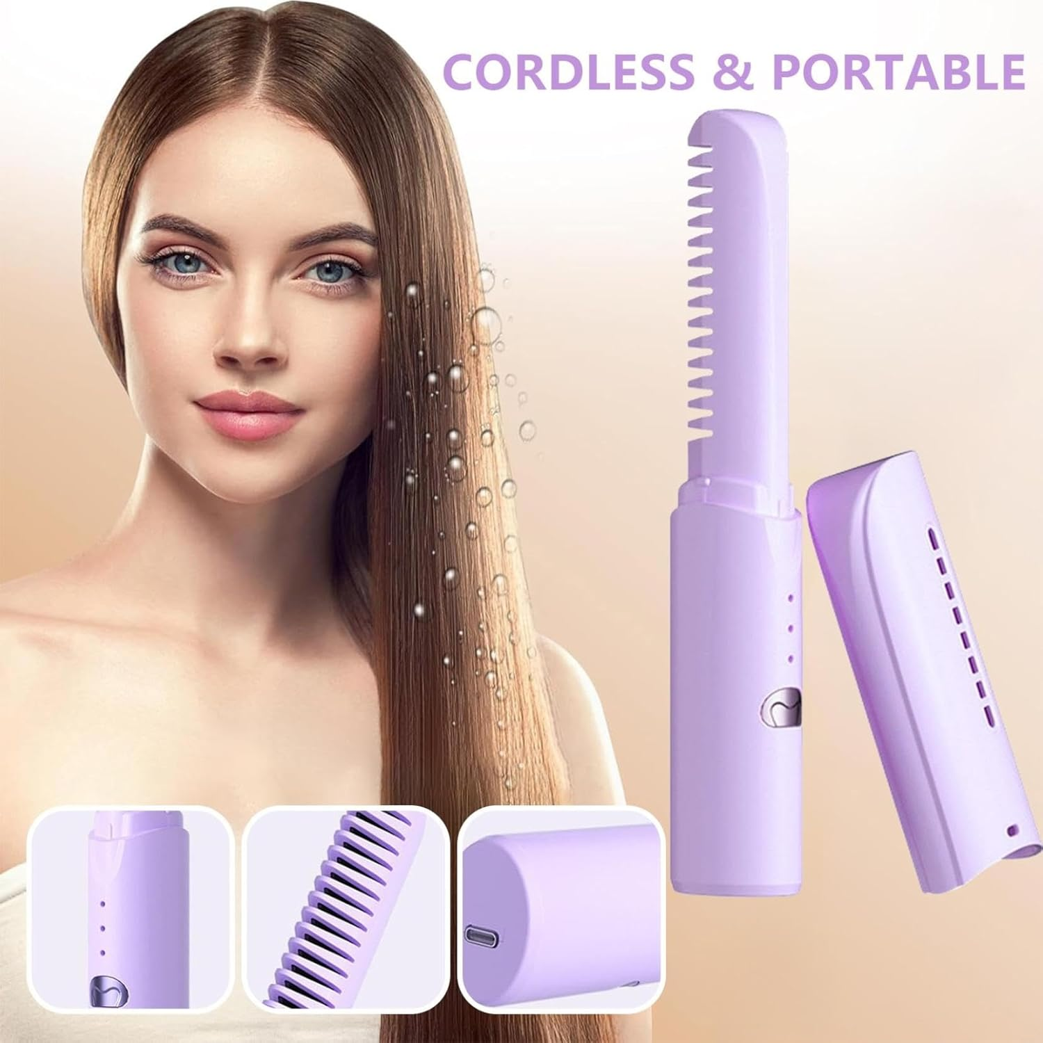 Mini Plancha De Pelo Recargable 2en1 Cepillo y Rizador Rosa