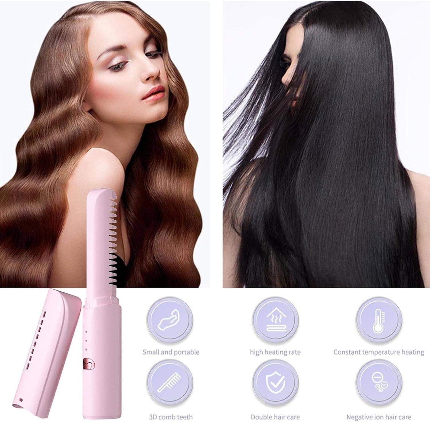 Mini Plancha De Pelo Recargable 2en1 Cepillo y Rizador Rosa