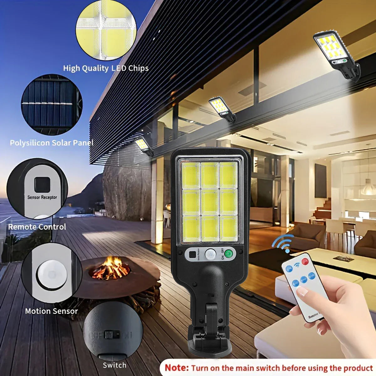 Luz Solar LED FA-526 con Mando  – 108 COB  con Control Remoto y Sensor de movimiento | Envío Gratis + Paga al Recibir